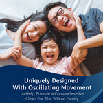 Lifestyle image of a laughing family overlaid with text about the toothbrush's oscillating movement for a comprehensive clean