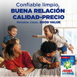 Family laughing on a bed with a small Ariel Ultra Oxi package shown at the corner and bilingual headline about reliable clean and value