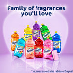 Array of colorful Fabuloso bottles staged together with text 'Family of fragrances you'll love' on a purple background.