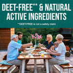Outdoor lifestyle image of a family dining at a picnic table under text 'DEET-free & natural active ingredients'