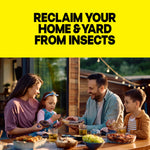 Family eating outdoors at a table under string lights with headline “RECLAIM YOUR HOME & YARD FROM INSECTS.”