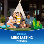 Family lounging on a lawn near a teepee with a Cutter Backwoods spray can visible at left and 'Effective, long lasting protection' text below.