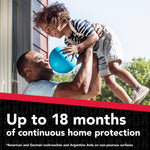 Smiling man lifting a child outdoors above bold text claiming up to 18 months of continuous home protection