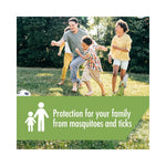 Family playing outdoors on grass with green banner stating protection for your family from mosquitoes and ticks