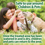 Lifestyle photo of smiling family and a dog on grass with text about safe use around children and pets