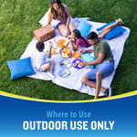 Overhead picnic scene of a family on a blanket in grass with a banner reading where to use: outdoor use only.