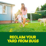 Mother and child playing soccer in a backyard near a dog with bold caption 'Reclaim your yard from bugs'