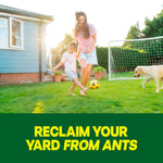 Sunny backyard scene with a woman and child playing soccer near a goal and a dog, above a green panel reading reclaim your yard from ants.