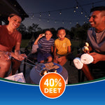 Evening backyard scene of a family roasting marshmallows around a fire with a circular '40% DEET' badge overlaid at bottom.