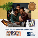 Smiling family taking a selfie by a decorated tree with Glade product lineup images and branding at the bottom of the frame.