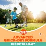 Family playing soccer outdoors above an OFF! Advanced Quick-Dry Formula graphic and logo