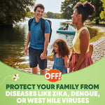 Family walking near a lake with OFF! branding and a message about protecting your family from diseases like Zika, Dengue, or West Nile