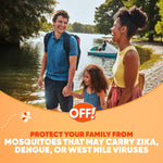 Smiling family walking by a lake with OFF! logo and copy about protecting family from mosquitoes