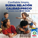 Happy family on a bed with bold Spanish and English Ariel value messaging and small product pack