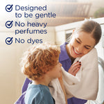 Mother and child smiling with towel and text listing product claims: designed to be gentle, no heavy perfumes, no dyes