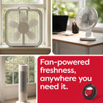 Collage of different fans and a small image of the round red diffuser with text promoting fan-powered freshness anywhere