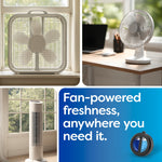 Collage of different household fans with a small round Refresh diffuser pictured and text promoting fan-powered freshness