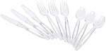 Clear plastic knives, forks and spoons fanned in a row on a white background, showing the Glad-style disposable cutlery design