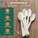 Stack of white compostable spoons fanned on a wood surface with icons listing durable, lightweight, smooth edges, splint free