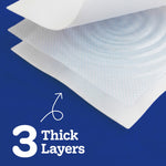 Stacked tissue layers fanned open to reveal a blue‑dotted inner layer with an arrow and copy reading '3 Thick Layers' on a blue background.