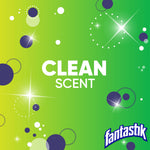 Green gradient graphic with sparkling accents and the words clean scent plus Fantastik logo