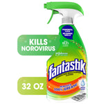 Green Fantastik spray bottle label showing 'fantastik' logo with claims 'kills norovirus' and '32 oz' on white background