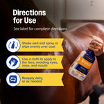 Photographic directions-for-use graphic showing a hand holding a Farnam Bronco spray bottle next to a horse coat