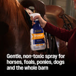 Lifestyle photo of a person holding a Farnam Bronco spray bottle next to a saddled horse with promotional text below