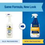 Graphic comparing old white Bronco packaging to new blue and orange Farnam Bronco trigger spray bottle