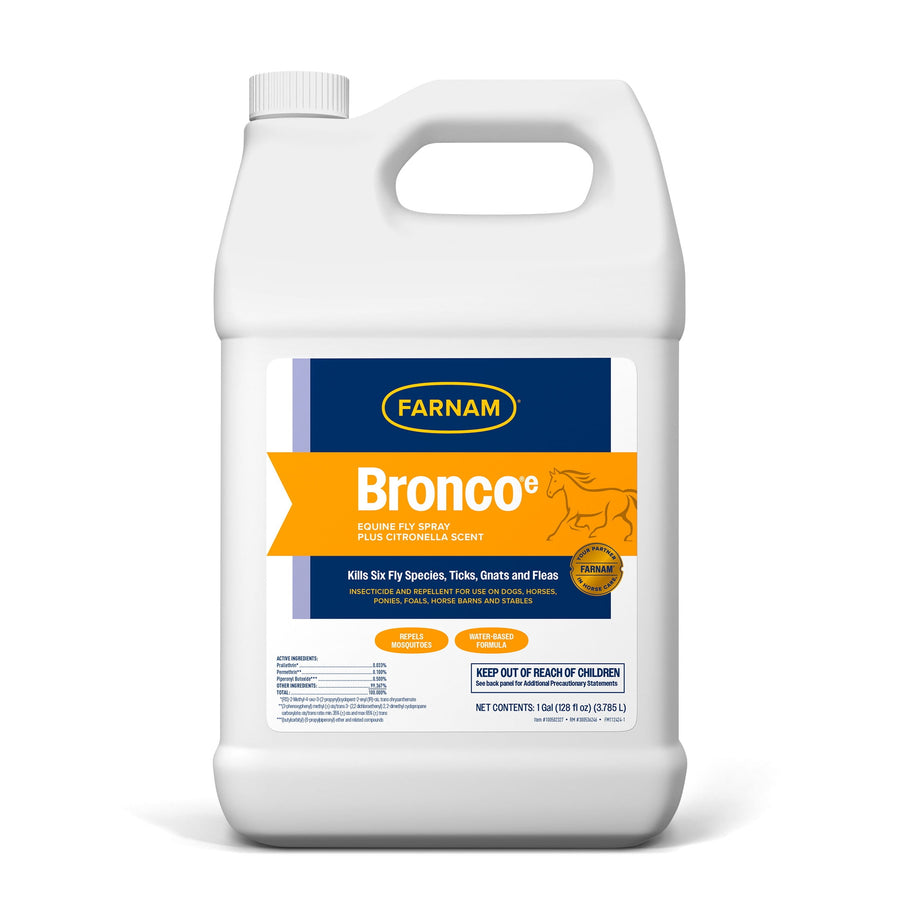 White one-gallon Farnam Bronco e refill jug with orange and blue label for equine fly spray