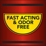 Yellow semicircle badge on a red background reading “FAST ACTING & ODOR FREE.”