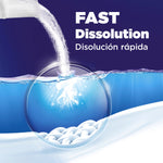 Illustration showing powder dissolving in water with text 'FAST Dissolution' in English and Spanish