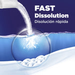 Illustration of powder dissolving in water with text reading “FAST Dissolution” and Spanish translation