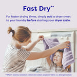 Lifestyle image of a woman and child by a washer with headline “Fast Dry” and usage instructions about adding a dryer sheet