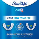 Blue banner graphic reading FAST LOW HEAT FIT with before and after dental guard images and molding-in-water illustration