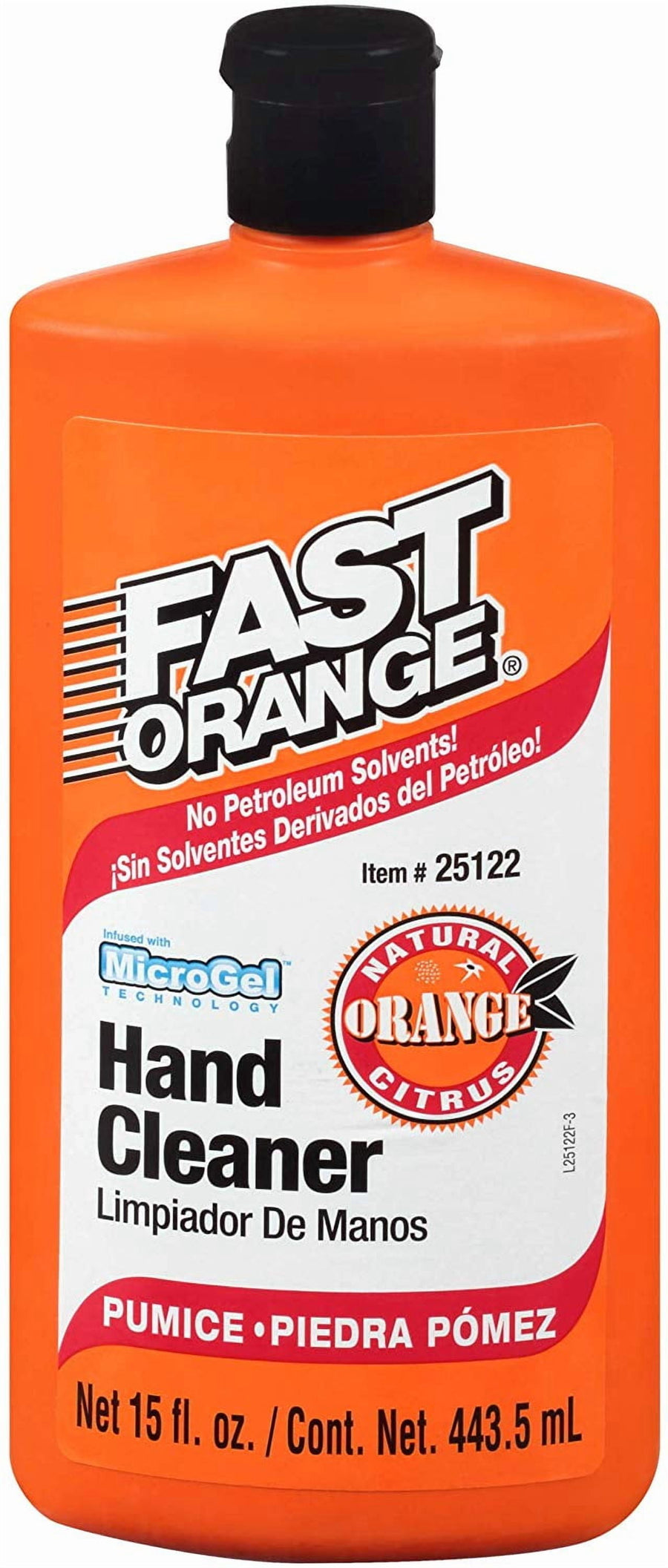 Close-up front label of an orange Fast Orange hand cleaner bottle with black cap and pumice callouts