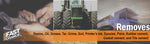 Wide banner showing hands using tools, a tractor, and text listing soils and substances the cleaner removes