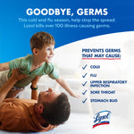 Graphic of a father lifting a smiling child with headline 'Goodbye, Germs' and a checklist of illnesses Lysol helps prevent