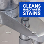 Close-up faucet image showing a before and after comparison with overlay text 'Cleans Hard Water Stains'