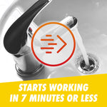 Sink faucet running toward drain with forward-arrow icon and text 'Starts working in 7 minutes or less'