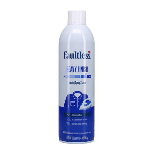 Tall aerosol can of Faultless Heavy Finish ironing spray starch with blue label and white cap, front-facing on white background.