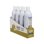 Pack display of four Faultless Luxe Finish ironing spray cans arranged in a branded cardboard tray on white background