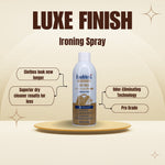 Promotional graphic of a Faultless Luxe Finish ironing spray can with callouts for benefits like odor-eliminating technology