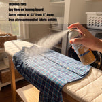 Hand spraying Faultless Luxe Finish ironing spray onto a shirt on an ironing board with ironing tips text overlaid