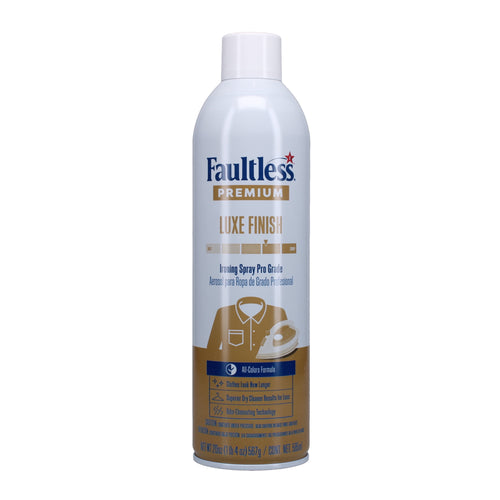 White and gold Faultless Premium Luxe Finish ironing spray can against a white background, front label visible