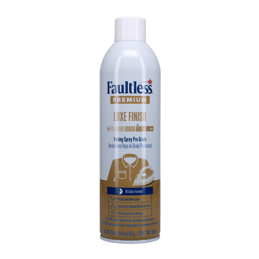 White and gold Faultless Premium Luxe Finish ironing spray can against a white background, front label visible