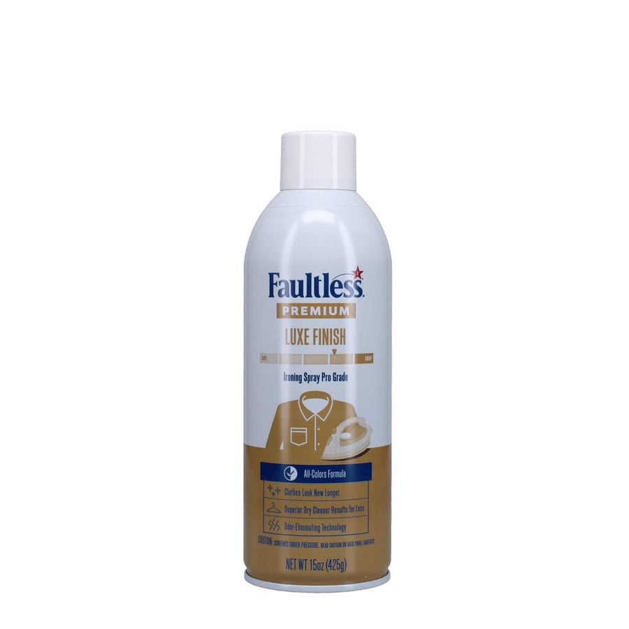 Faultless Luxe Finish ironing spray can with white cap and gold label on white background