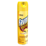 Angled front view of a yellow Favor Brilliant Shine furniture polish aerosol can with lemon image and fresh lemon scent label