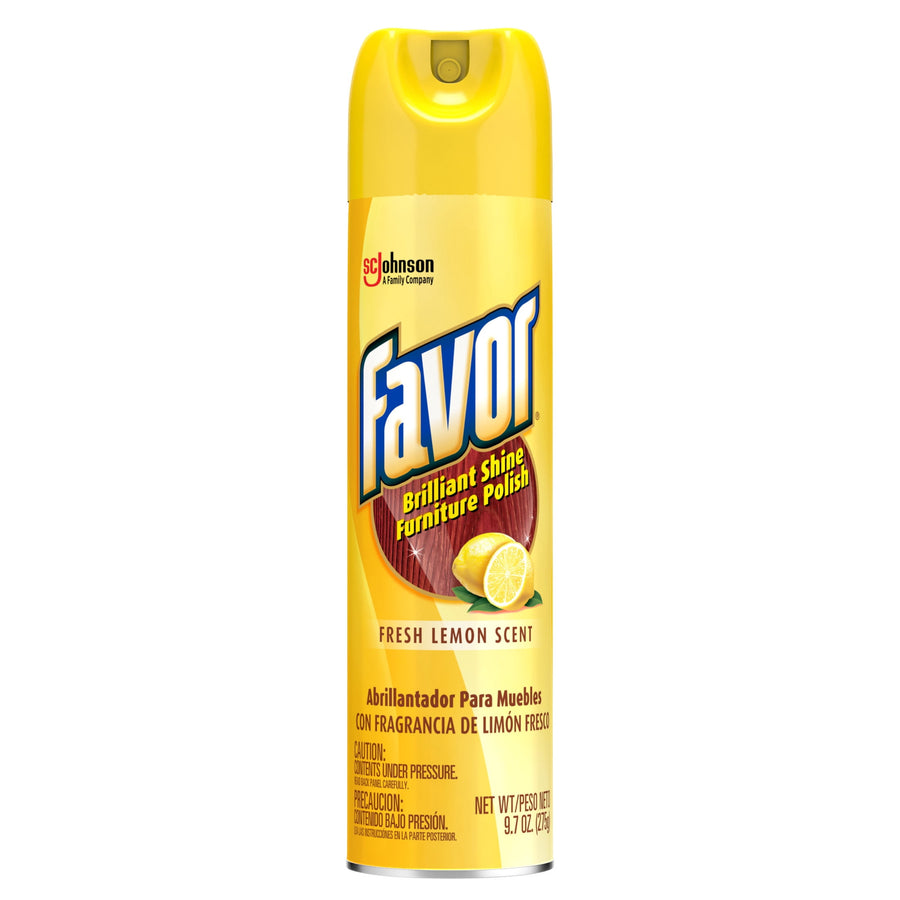Front view of a yellow Favor Brilliant Shine furniture polish spray can labeled fresh lemon scent with lemon illustration