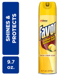 Tall yellow aerosol can of Favor Brilliant Shine furniture polish with lemon graphic and fresh lemon scent label